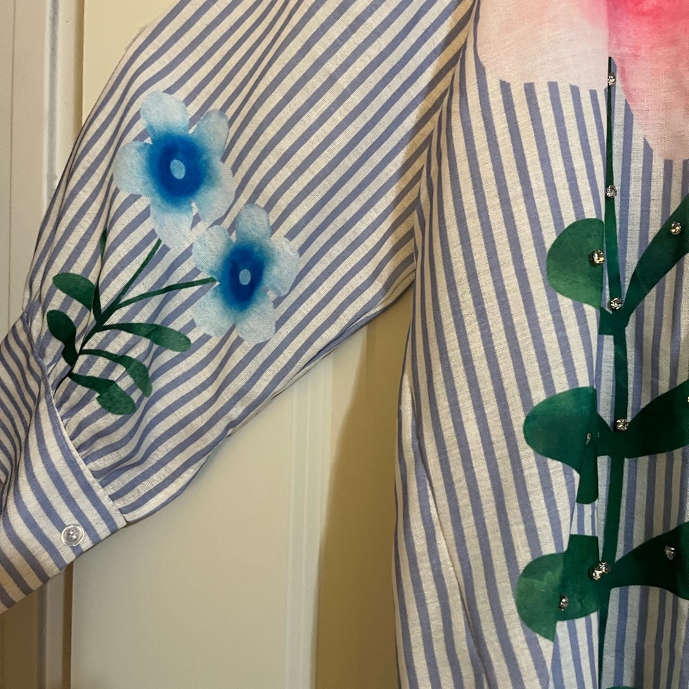 Yolly Striped Floral Button-Up Blouse - Pink & Blue - Picture 4 of 14